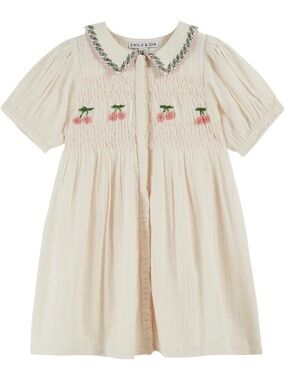 Emile et ida Cream Smocked Kids Dress with Pink Cherry Embroidery